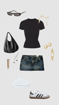 #myfirstshuffle outfit inspo, ribbon, addidas, skims top, jean mini skirt, clean girl aesthetic Mini Skirt Outfit Aesthetic, Mini Skirts Outfits Summer, Skirt Outfits Aesthetic, Essentials Clothing, Cute Summer Outfit, Top Jean, Jean Mini Skirt, Clueless Outfits, Clean Girl Aesthetic