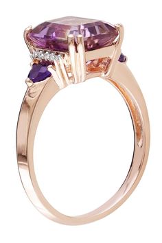 - Pink rhodium plated sterling silver prong set ametrine, amethyst and diamond ring Purple Details, Amethyst And Diamond Ring, Diamond Fashion Rings, Diamond Guide, Meaningful Jewelry, Amethyst Ring, Silver Diamonds, Birthstone Jewelry, Online Jewelry