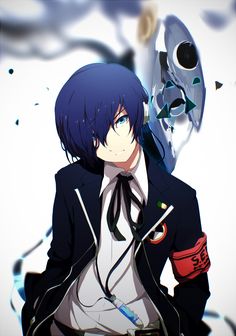 an anime character with blue hair wearing a black suit and tie, standing next to another character