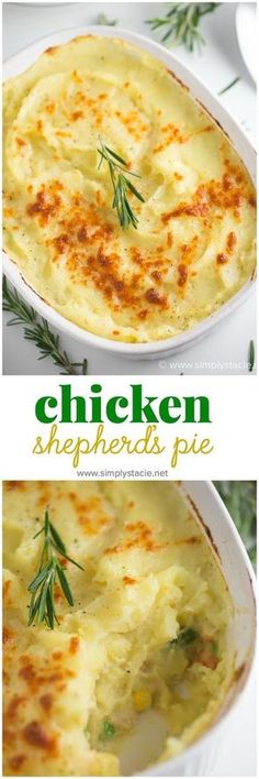 chicken shepherd's pie in a white casserole dish with rosemary sprigs