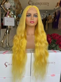 Iggy Lace Wig *Product image is of a Body Wave unit* KEY FEATURES  Glueless Non-Glueless Density: 180%Hair Color: Yellow Elastic Band/Straps: YesClips/Combs: YesHairline: Pre-pluckedBleached Knots: Yes Every purchase includes a GLUE and GLUE REMOVER.  Density: 180%Hair Color: Yellow Cap Size: Standard S/M/L (Customer c Hair Color Yellow, Yellow Cupcakes, Glue Remover, Queen Hair, Life Of The Party, Wig Making, Yellow Lace, Double Take, Hd Lace