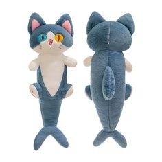 two stuffed animals that look like they are wearing blue and white ones with yellow eyes