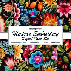 the mexican embroidery digital paper set includes flowers, leaves and other decorative items in bright colors