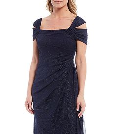 Alex Evenings | Dillard's Formal Fitted Top With Draped Sleeves, Elegant Asymmetrical Drapey Tops, Elegant Draped Tops For Evening, Draped Tops For Evening, Fitted Top With Asymmetrical Hem For Formal Occasions, Fitted Tops With Asymmetrical Neckline For Cocktail, Glitter Gown, Ruched Gown, Cold Shoulder Gown