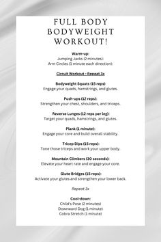 the full body bodyweight workout plan is shown in black and white, with text on it