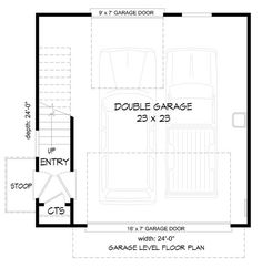 the floor plan for a garage with two car spaces on each side and an entry door