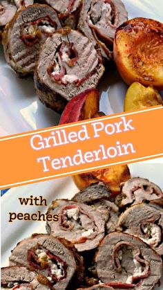 grilled pork tenderloin with peaches on a white platter and an orange border