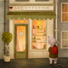 a painting of a mouse in front of a store