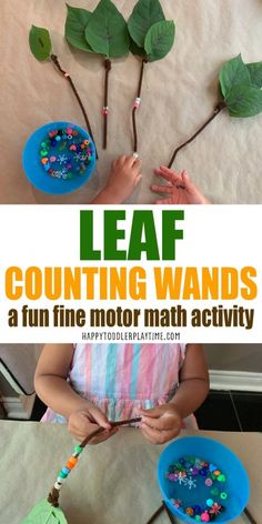 a child is playing with leaf counting wands in front of a blue bowl filled with beads