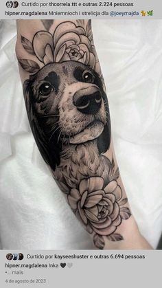 a woman's arm with a dog and flowers on it