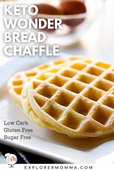 a close up of a waffle on a plate with the words keto wonder bread chaffle