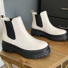 White Combat Boots, New In Original Packaging. Trendy Cream Booties With Round Toe, White Ankle-high Boots With Cushioned Footbed, White Boots With Padded Ankle And Round Toe, Casual Cream Almond Toe Booties, Casual White High Ankle Booties, White Combat Boots, Combat Style, Style Boots, Combat Boots