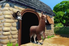 an animated llama standing in front of a stone building