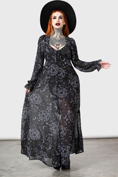 LAUMA.- Soft, non-stretch mesh fabric.- Statement, custom all-over print.- Opaque slip.- Sweetheart neckline.- Tie up detail.- Button up closure.- Long sleeves- Maxi length.- A-line silhouette.- Fitted.Model is 5ft 4 and wears a size XS.With KILLSTAR branding, 100% Polyester. Gothic Fitted Maxi Dress For Summer, Fitted Gothic Maxi Dress For Summer, Black All Over Print Dress For Spring, Black Dresses With All Over Print For Spring, Black Spring Dress With All Over Print, Spring Gothic V-neck Dress, Black All-over Print Summer Dress, Fitted Party Dress With All Over Print, Black Summer Dress With All Over Print