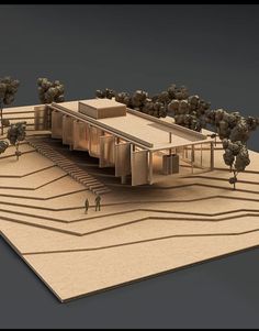 an architectural model of a building with trees and people walking in the front yard area