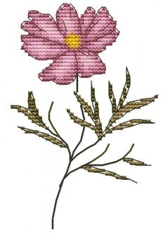 a pink flower with green stems on a white background in the cross stitch design pattern