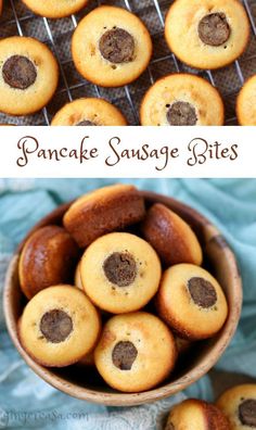 some cookies in a bowl with the words pancake sausage bites