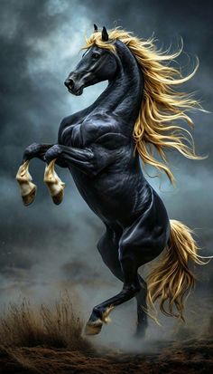 a black horse with yellow mane and tail rears up on its hind legs in the air