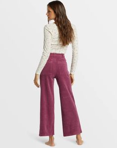 The Be Free wide-leg pants take comfort and ease to the next level. The slim fit through the hip and thigh tapers to an easy flared leg, while the cotton-elastane corduroy fabric moves with you all day. Features Fabric: 8 Wale cotton elastane corduroy fabric Fit: Slim fit with wide leg Rise: 11.75" rise Fly: Zipper fly Inseam: 28" inseam Closure: Button closure Pocket: Back pockets Branding: Logo flag label at back waist Materials [Main Fabric] 98% Cotton, 2% Elastane Rose And Remington Cordoury Pants, Lavender Corduroy Pants, Pink Courderoy Pants, Green Boots, Bodysuit Jumpsuit, Free People Style, Free Jeans, Boots Style, Corduroy Fabric