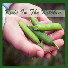 a person holding some peas in their hands with the words kids on the kitchen above them