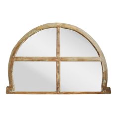 an arched window mirror with four panes on the front and side, made out of wood