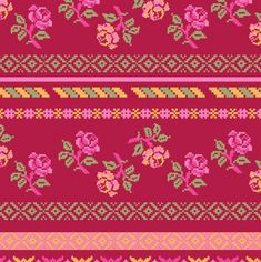 a knitted pattern with pink flowers and green leaves on the side, in different colors