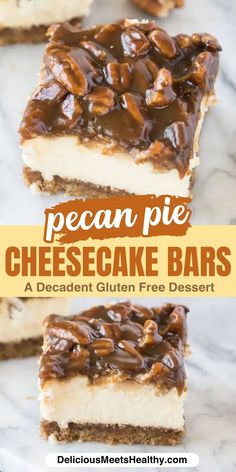 two pieces of pecan pie cheesecake bars stacked on top of each other with text overlay