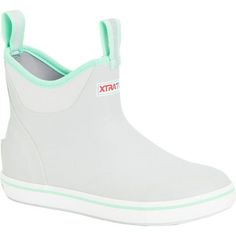 The Ankle Deck Boot collection, by XTRATUF, has a lightweight design with the same slip-resisting Chevron outsole found on the Legacy boot collection. These waterproof 6-inch women's boots, in light grey, have a complementary seafoam detail at the sole, pull-tabs and top lining for added style. Inside the boots have an XPRESSCOOL cooling liner that keeps feet comfortable in both cool and warm environments. An SRA-rated, slip-resisting outsole composed of an an exclusive rubber compound grips the Xtratuf Boots Outfit, Xtratuf Boots, Female Fisherman, Boot Collection, Platform Chelsea Boots, Gray Camo