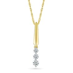 Celebrate your past, present, and future with this sparkling three-stone style pendant necklace. Fashioned in 10k yellow gold, this pendant features three twinkling round diamonds set vertically and graduate in size. The diamonds are 1/4ctw, I or better in color, and I2 in clarity. The pendant measures 23.5mm in length, 3.3mm in width and comes suspended from an 18 inch rope chain with a spring ring clasp. Formal Three Stone Diamond Necklace, Gold Three-stone Necklace For Formal Occasions, Luxury Gold Three Stone Necklace, Elegant Gold Three-stone Necklace, Luxury Three-stone Necklaces For Women, Yellow Gold Multi-stone Pendant Necklace, Engagement Ring Guide, Wedding Day Jewelry, Round Diamond Setting