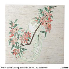 White Bird & Cherry Blossoms on Birch Ceramic Tile - Add a touch of elegance to your walls or dining table with this custom-made ceramic tile featuring Leslie Sigal Javorek's original digital painting of a graceful, white pheasant nestled on the branch of a Cherry Tree in bloom with blossoms of varying shades of soft pink & rose against a background of white birch bark. #zazzlemade #orientalceramictile #elegantceramictile Cherry Tree, Pheasant, Wedding Pinterest, Cherry Blossoms