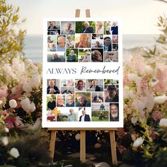 an easel in front of some flowers with pictures on it and the words always been