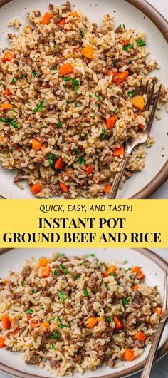 instant pot ground beef and rice recipe on a white plate with two serving spoons