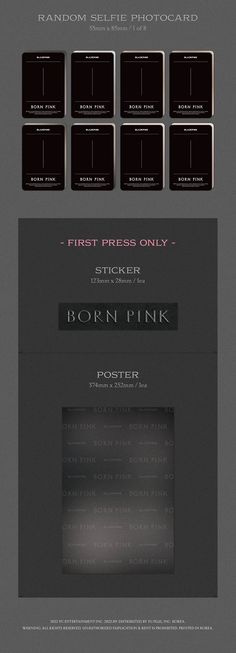 [Release Date] Sept 19, 2022 PACKAGE DETAILS (BOX Ver - PINK / BLACK / GREY ver.) - PACKAGE BOX : 162 x 212 x 30mm - CD - PHOTOBOOK : 80P - ENVELOPE - ACCORDION LYRICS PAPER - RANDOM LARGE PHOTOCARD : 1 of 4 - RANDOM POSTCARD : 1 of 4 - RANDOM INSTANT FILMS : 2 of 8 - RANDOM SELFIE PHOTOCARD : 1 of 8 - STICKER : 1st Press Only - SOLD OUT - Poster : 1st Press Only - SOLD OUT PACKAGE DETAILS (KiT) - PACKAGE BOX : 105 x 105 x 30mm - KiT - Square Photocard Set : 12EA - Accordion Lyrics Paper - Credi Random Selfie, Kpop Shop, Package Box, Instant Film, Pink Box, Born Pink, Box Set, New Album, Black Grey