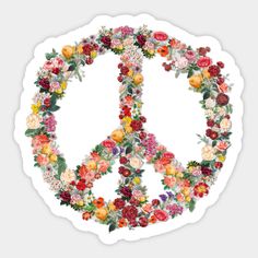 a peace sign made out of flowers on a white sticker with red, yellow and pink roses