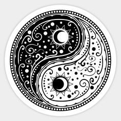 the yin symbol in black and white is an intricate design with swirls, circles and stars