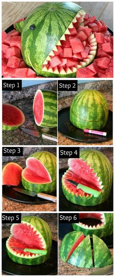 the steps to make a watermelon shark with its mouth open and teeth out