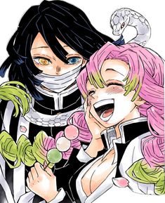 two anime characters with pink hair and green eyes, one has her mouth open while the other