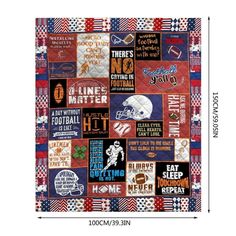 an american flag quilt with football patches and sayings on the front, in red white and