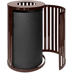 a black trash can sitting next to a round wooden table