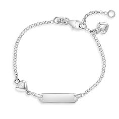 This customized ID plate charm with cute little hearts makes this girl bracelet unique and elegant. Our adorable identification tag bracelet is crafted in sterling silver which is suitable for those with sensitive skin. Order one today and we'll neatly package this ID bracelet into its own lovely little gift box for your convenience. Silver Heart Bracelet With Name, Silver Sterling Heart Bracelet For Personalized Gift, Personalized White Gold Heart Charm Bracelet, Silver Heart Name Bracelet, Dainty Personalized Silver Heart Bracelet, Silver Heart Charm Bracelet For Birthday, Personalized Silver Sterling Heart Bracelet, Silver Personalized Heart Bracelet, Silver Name Bracelet With Heart Charm