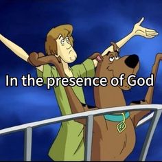 an animated image of a person and a dog on a boat with the caption in the presence of god