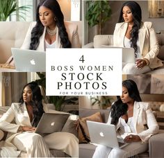 four women sitting on couches with laptops in their hands and the text 4 boss women stock photos for your business