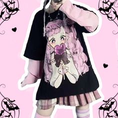 Ethical & Sustainable Black Printed Anime Loose T-Shirt with Cute Anime Girl Printed on Front! Kaori Pastel Goth Black Printed Anime Loose T-Shirt cuz you are a cute Anime Girl in a normie world, dear! Be Kawaii with this amazing Black Graphic T-Shirt that has a Soft Fabric, Large Anime Girl Printed, Light Pink and Black Sleeves, Round Neck, Long Sleeves, and Loose Fit.

Be true to your essence, dear! Dark Sanrio, Rp Outfits, Harajuku Pink, Kawaii Sweatshirt, Harajuku Anime, Kawaii Hoodie, Egirl Clothes, Soft Girl Outfits, Harajuku Women