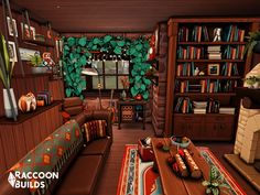 a living room filled with furniture and bookshelves