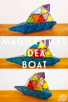 three different types of paper boats with the words magnanalies idea boat on them