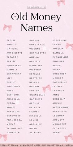 an old money names poster with pink bows