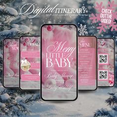 three cell phones are shown in front of snow covered trees and the words merry little baby on them