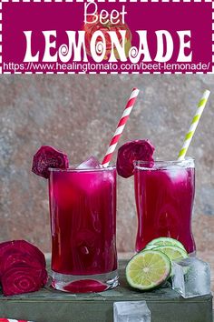 two glasses of beet lemonade on a table