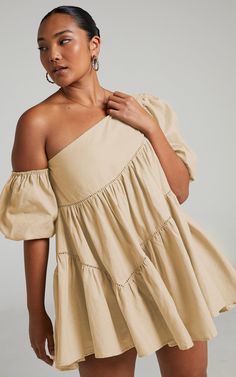 Harleen Mini Dress - Asymmetrical Trim Puff Sleeve Dress in Beige | Showpo USA Ropa Color Neon, Diy Fashion Clothing, Puff Sleeve Dress, Maxi Knit Dress, Puffy Sleeves, Puffed Sleeves Dress, Long Sleeve Midi, Mini Wrap Dress, Long Sleeve Midi Dress