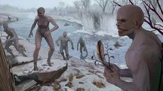 an artist's rendering of some people standing in the snow and one is holding a knife